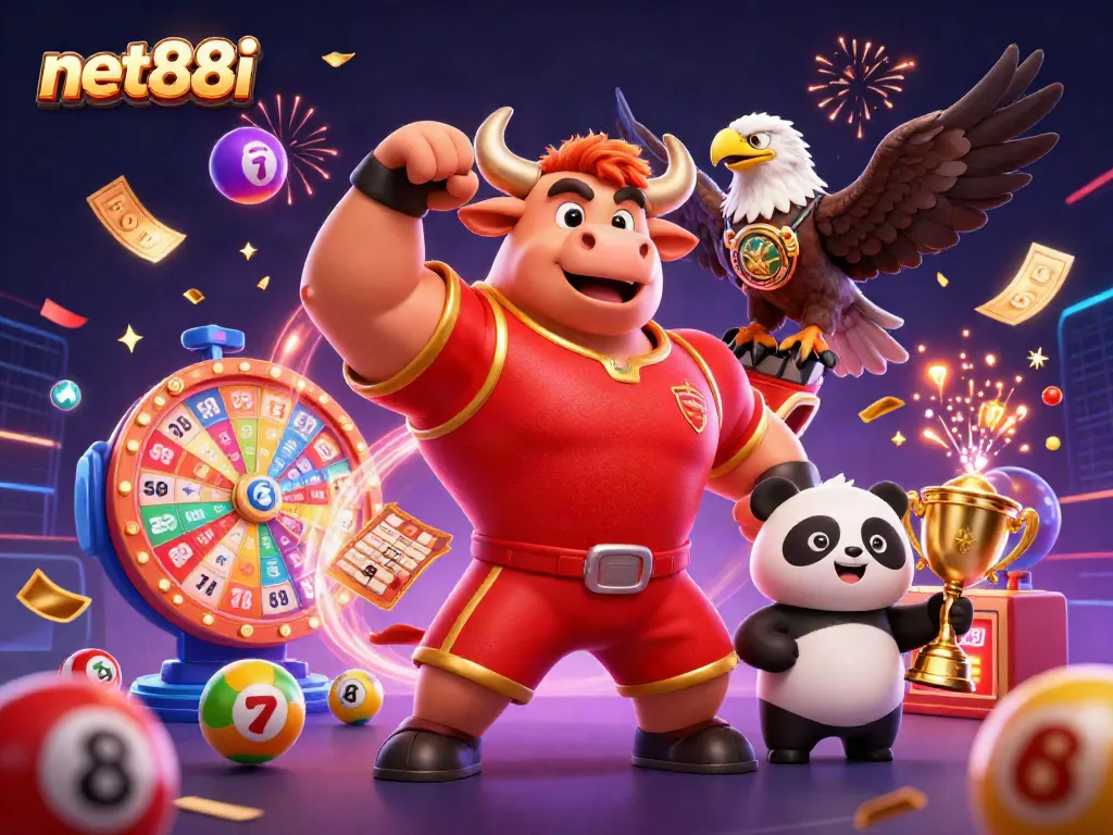 Experience gaming excitement with net88i's vibrant illustration of a winning mascot trio.