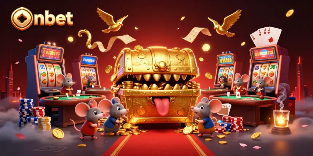 onbet illustrates a treasure chest mimic enticing gamblers with casino rewards in a vibrant 3D scene.