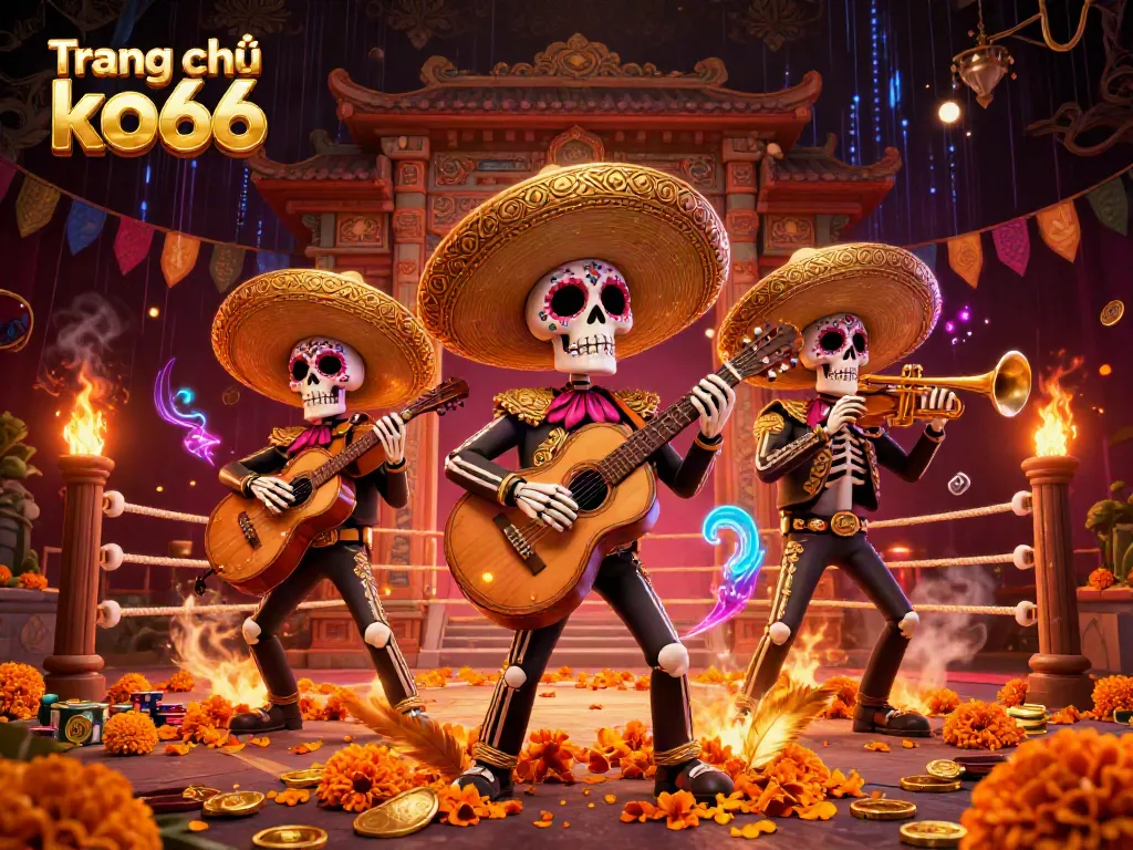 Engage with the vibrant culture of "Trang chủ ko66" through a dynamic scene featuring Day of the Dead skeletons in a lively casino atmosphere.