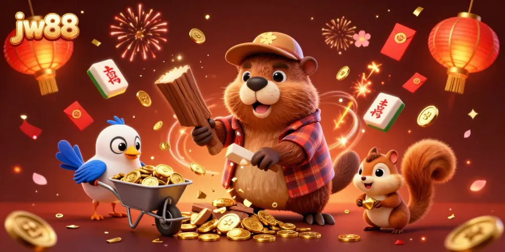 Engage with jw88's vibrant casino world featuring golden coins, festive elements, and joyful characters.