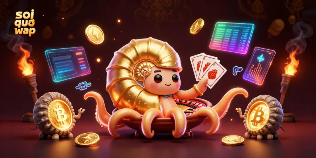 Engage with the vivid soi cầu wap scene featuring a giant nautilus roulette wheel and glowing crypto elements