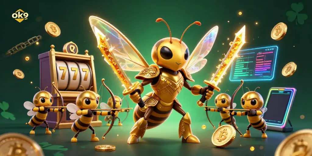 Engage in thrilling slots with ok9's dynamic 3D hornet samurai and golden bee archers amid vibrant crypto elements.