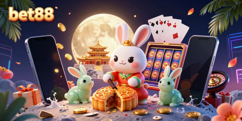 Experience excitement at bet88 with a vibrant digital casino scene featuring a animated moon rabbit and slot games