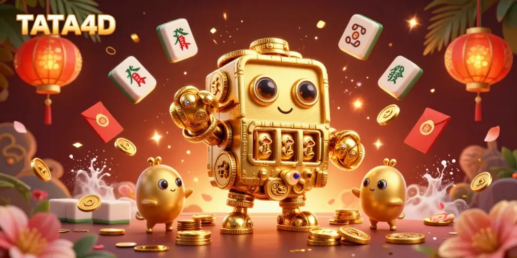 TATA4D showcases a vibrant scene with a golden golem, slot symbols, and festive decorations in a lively casino atmosphere.