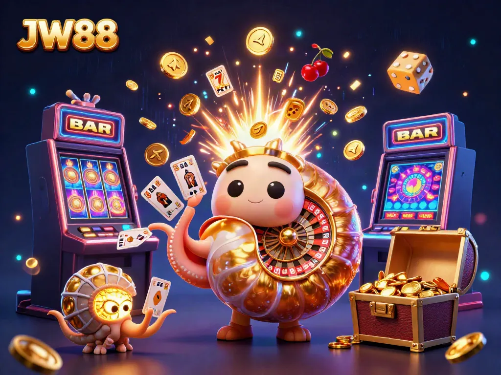 Experience the excitement of JW88 with a dazzling 3D casino scene featuring games and golden treasures.