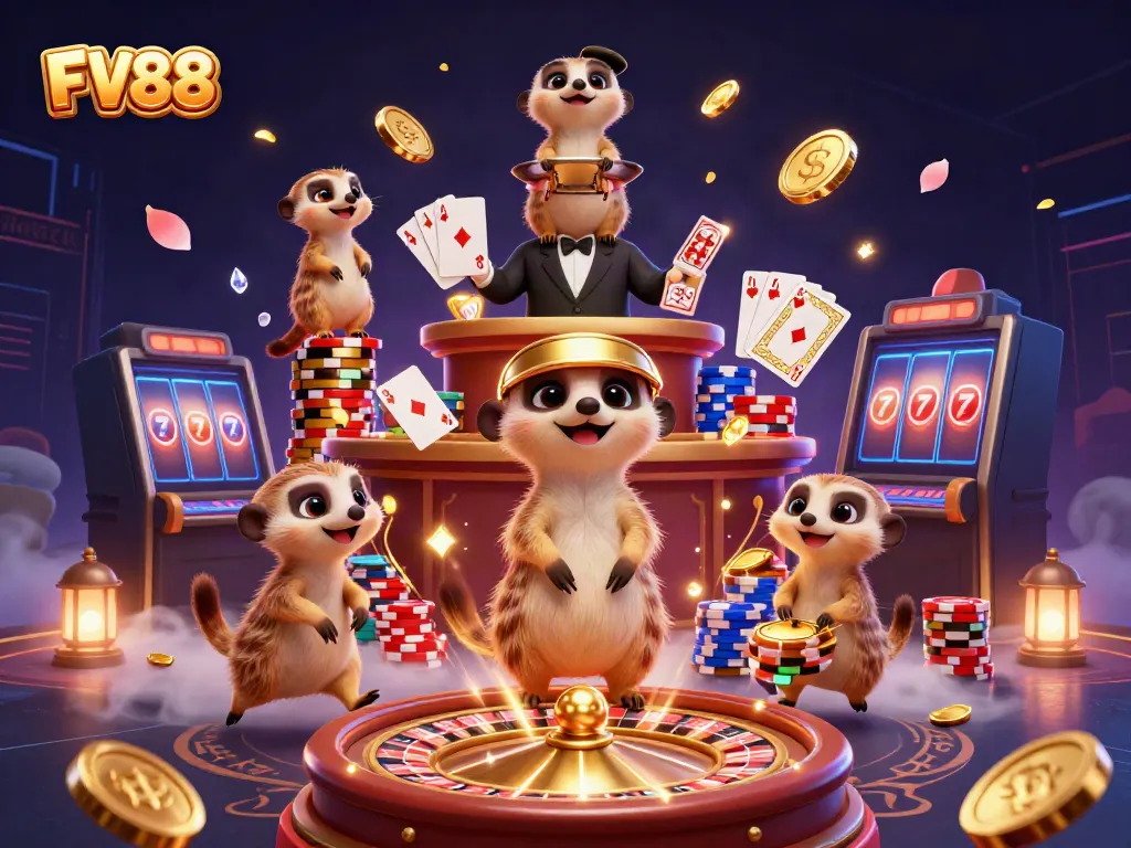 Experience thrilling gameplay at FV88 Casino with meerkat characters managing an exciting gaming scene.