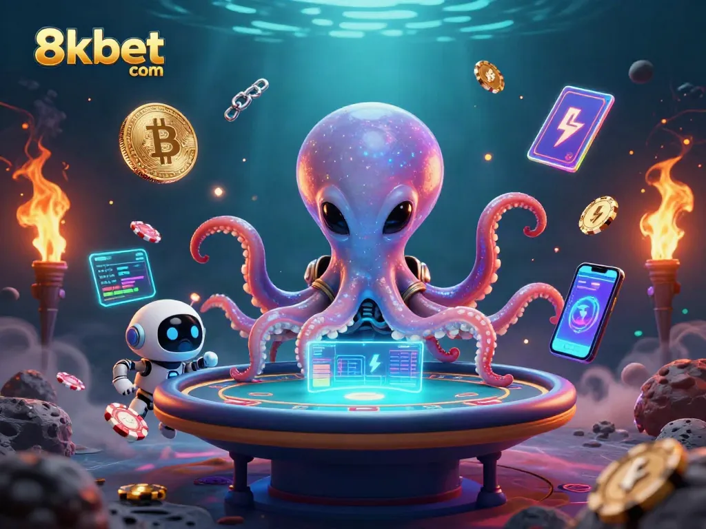 Engage with thrilling games at 8xbet com, featuring a vibrant alien octopus and exciting poker action