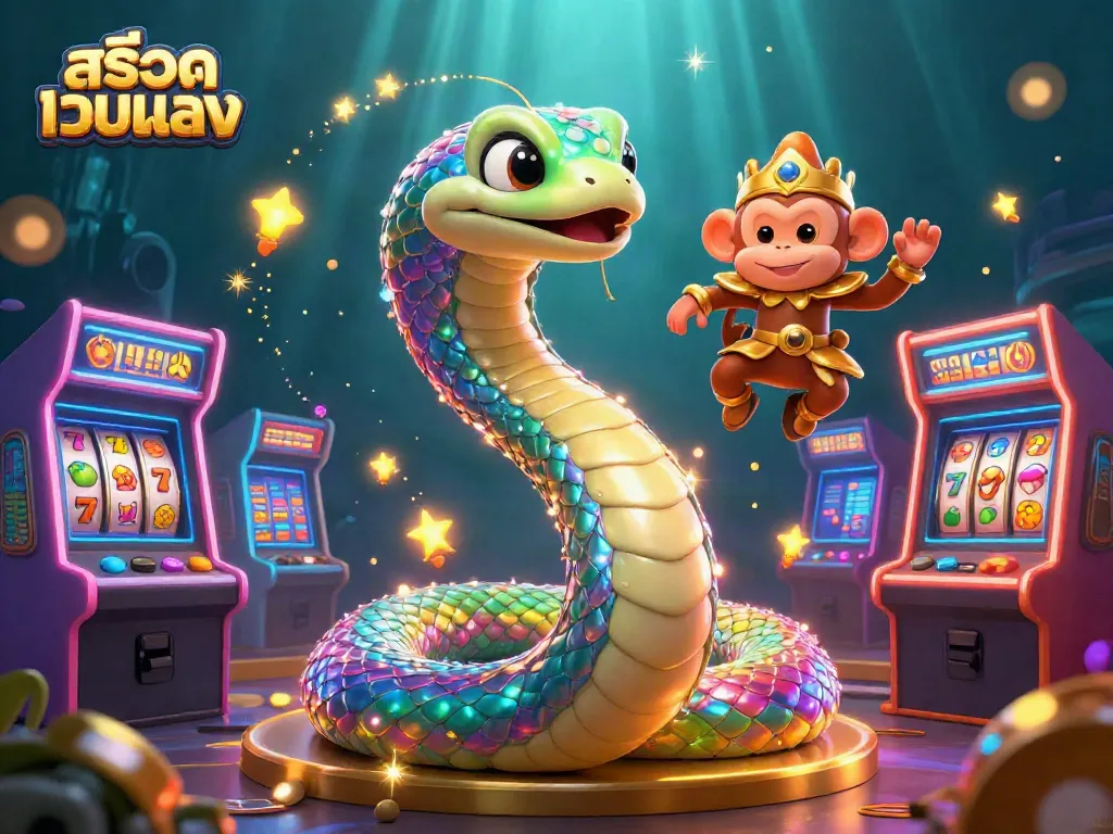 Experience the thrill of สล็อตเว็บตรง with a dynamic 3D illustration featuring vibrant characters and casino elements.