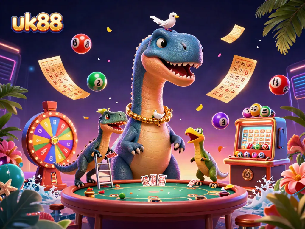 Experience the excitement of uk88's casino with a vibrant lottery scene featuring animated elements and characters.