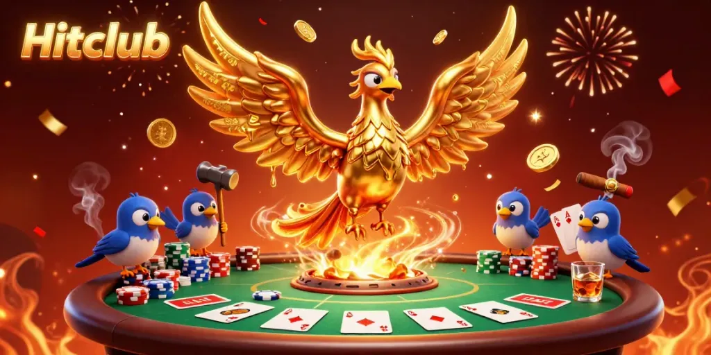 Witness the Hitclub golden phoenix and sparrows amidst a vibrant casino scene celebrating jackpots.