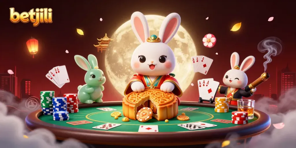 Place bets with betjili in a vibrant casino scene featuring poker elements and a whimsical moon rabbit.