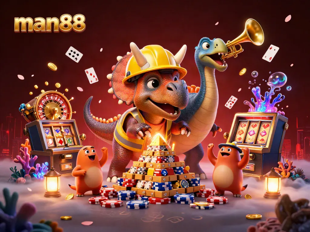 Engage with man88 at the online casino with a joyous celebration of chips and games in a vibrant scene.