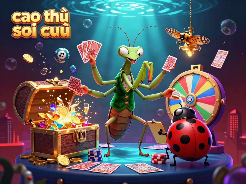 Cao thủ soi cầu illustrated scene with cartoon mantis dealer and ladybug pit boss amid exploding treasure and lottery elements.