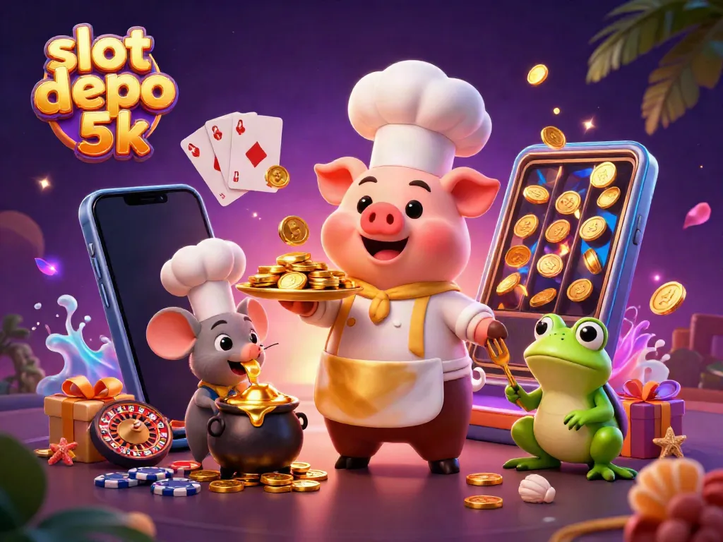 Explore dynamic slot depo 5k action with a chef pig, golden coins, and vibrant gaming elements.