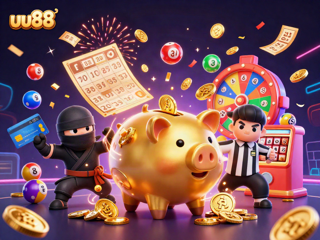 uu88 gameplay illustration featuring vibrant characters and lottery elements, showcasing dynamic casino fun.