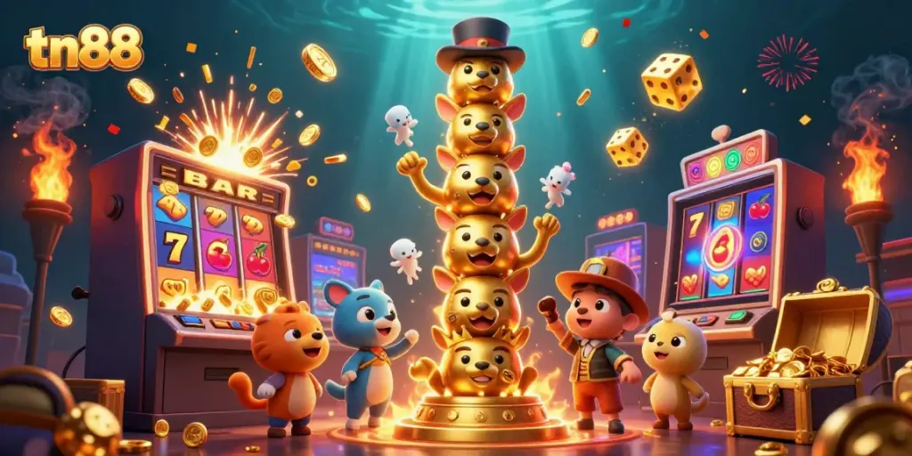 Experience the excitement of tn88 with a vibrant 3D illustration of a dynamic casino scene.