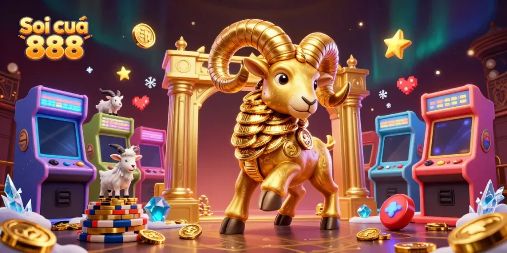 Soi cầu 888 showcases a 3D golden ram charging with spectacular gaming elements around it.