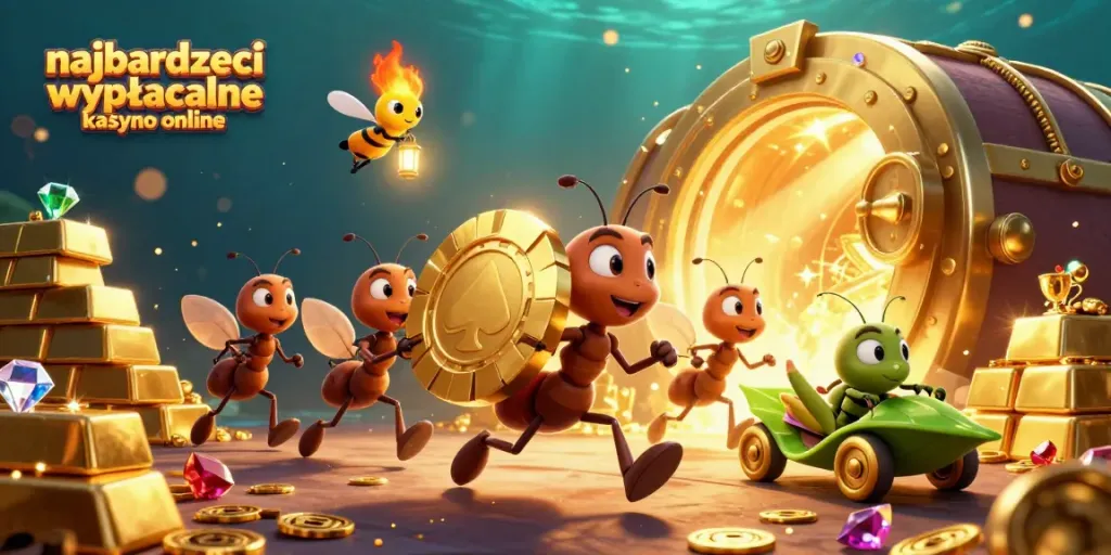 Ants carry a giant poker chip in a vibrant heist scene, showcasing the najbardziej wypłacalne kasyno online.