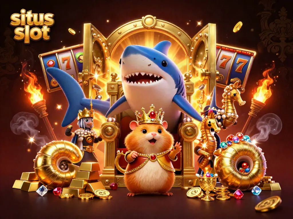 Situs slot illustration featuring a golden hamster king on a shark tooth throne surrounded by treasure and royalty.