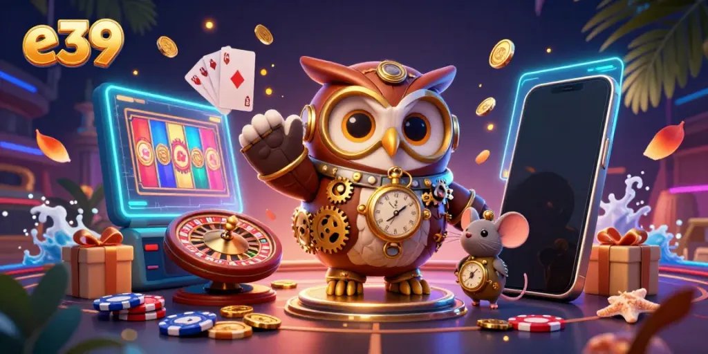 Experience thrilling gambling action with e39 in this vibrant 3D casino scene featuring an owl and interactive games.