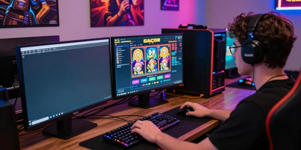 Engaging scene of a player immersed in slot gacor gaming, showcasing colorful interface and dynamic accessories.
