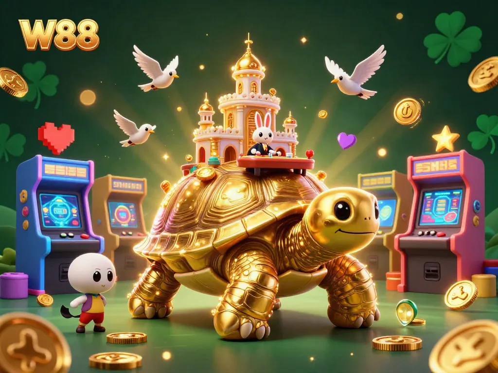 Experience thrilling gameplay at W88 with the vibrant casino illustration showing a golden tortoise with a casino palace.