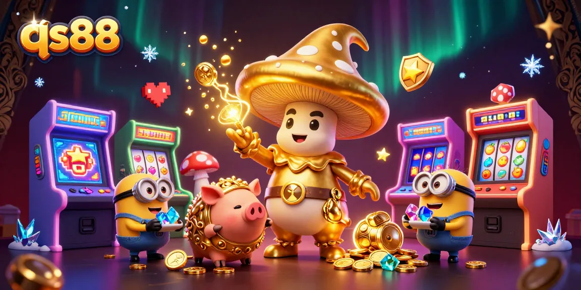 qs88 showcases a vibrant 3D casino scene featuring magical characters and glowing game elements.