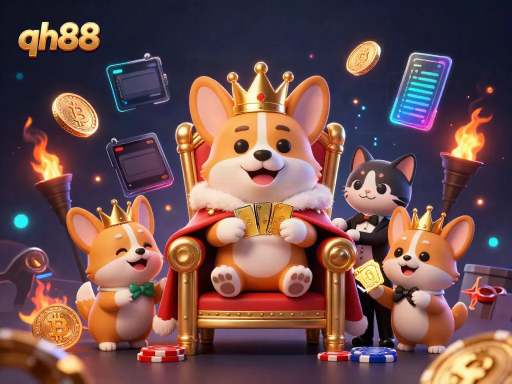 Experience top-tier gambling excitement with the charming royal corgi at qh88, surrounded by casino-themed elements.