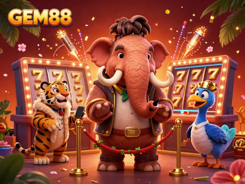 Engage with GEM88's lively casino scene featuring a woolly mammoth bouncer, saber-tooth tiger VIP, and festive gaming elements.