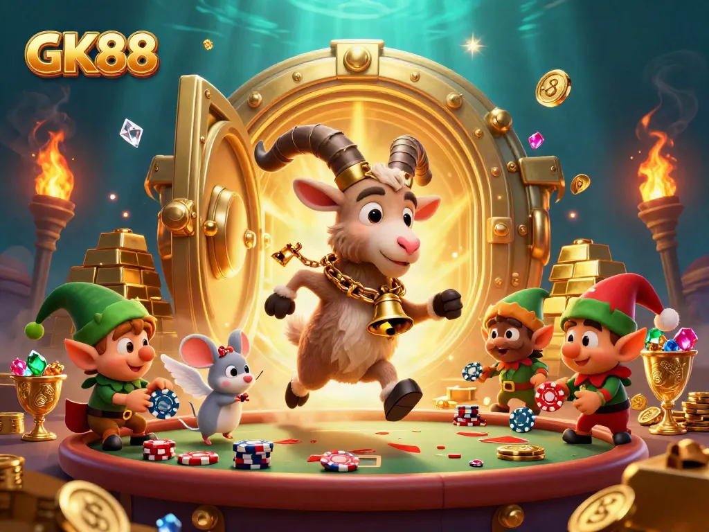 Experience GK88 in a festive casino scene with Krampus, angel mouse, and stealing gremlins.