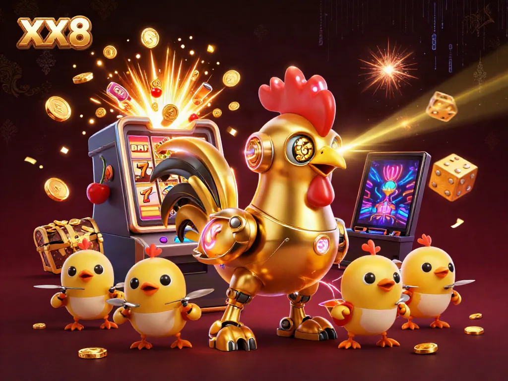 Experience the excitement of XX8 casino with a colorful illustration featuring a golden rooster robot surrounded by slot machines and golden treasures.