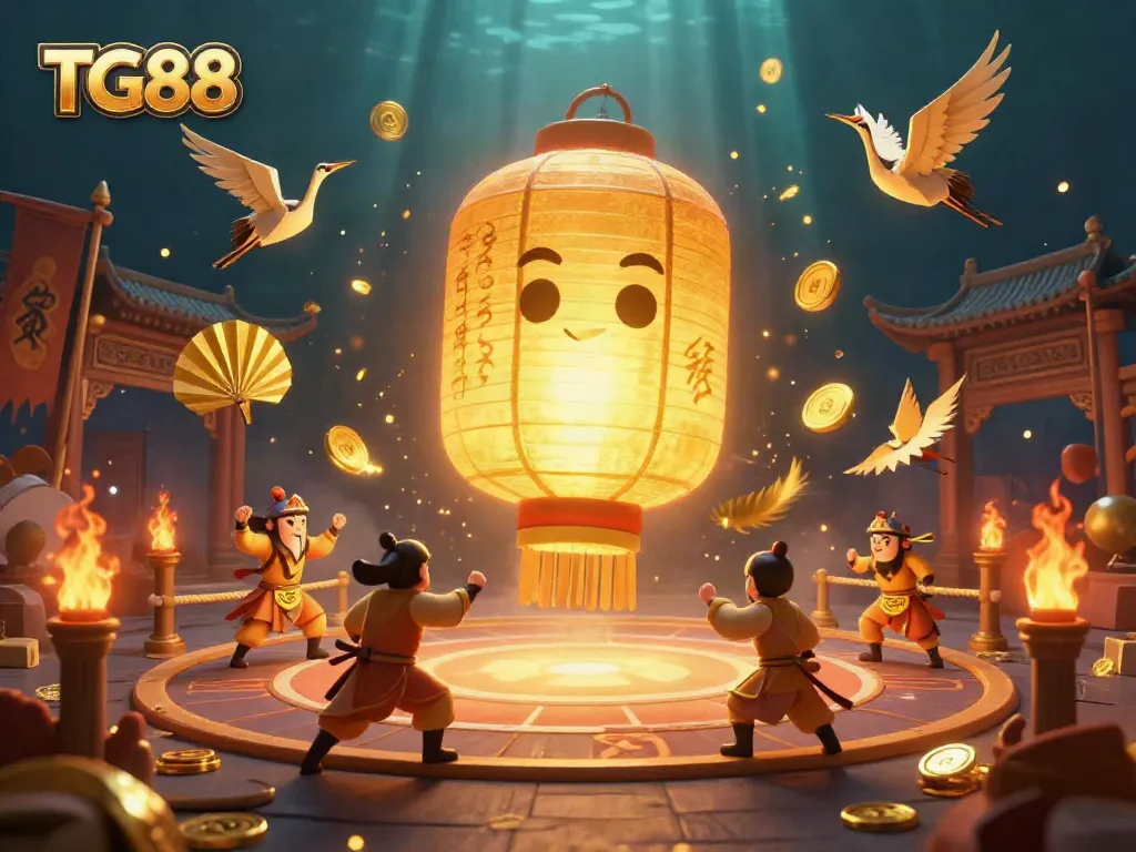 Experience thrilling adventures at TG88, where a giant golden lantern spirit guides players in a vibrant night market casino atmosphere filled with luck and fortune.