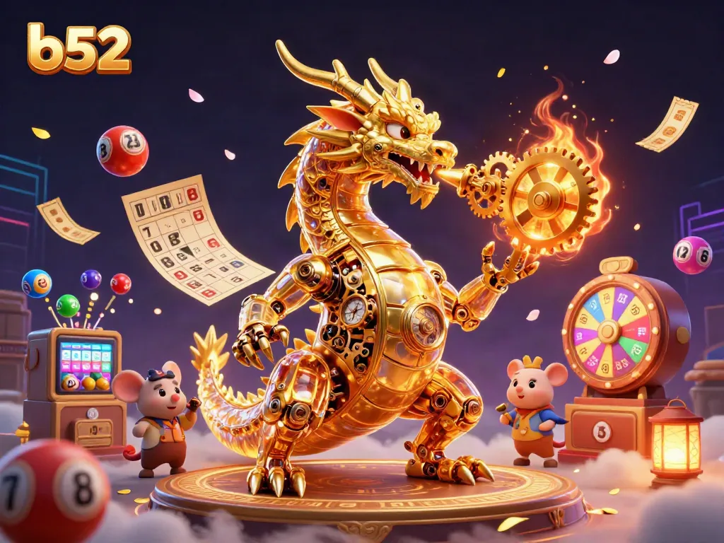The b52 golden dragon breathes gears amidst a vibrant casino scene filled with colorful lottery elements.