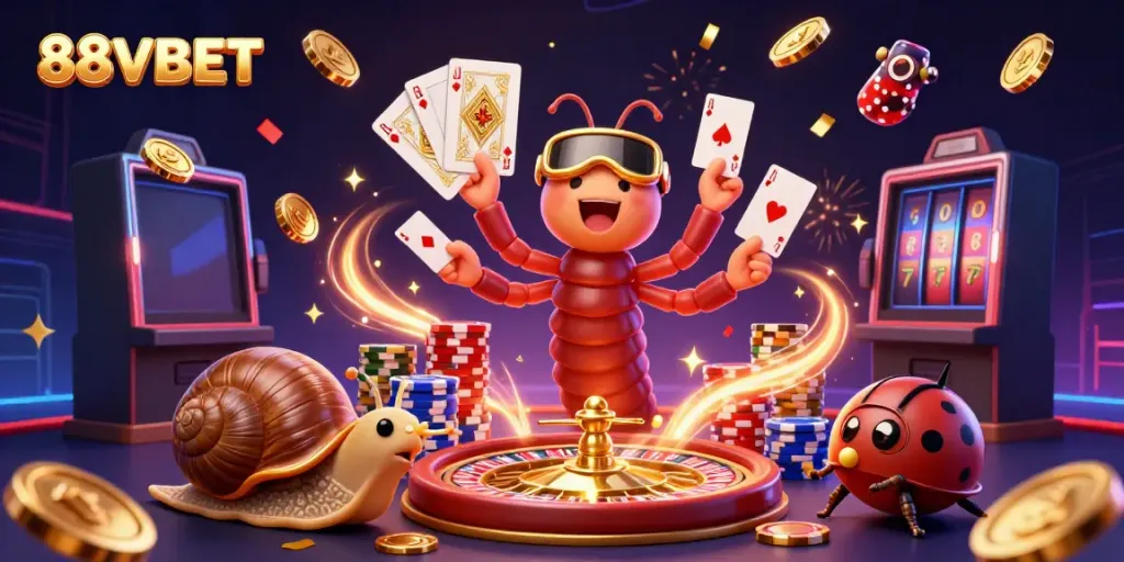 Experience the thrill at 88VBET with a vibrant scene showcasing a cartoon dealer and players amidst dazzling casino elements.