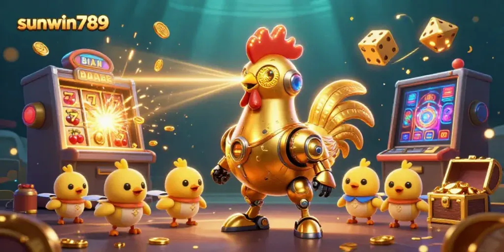 Engage in thrilling slots action with sunwin789, featuring a dynamic scene of a golden rooster robot and slot machines.