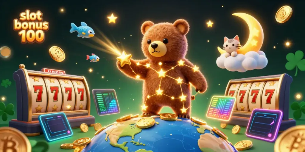 Experience the excitement of slot bonus 100 in this engaging scene with a constellation bear and dynamic casino elements.