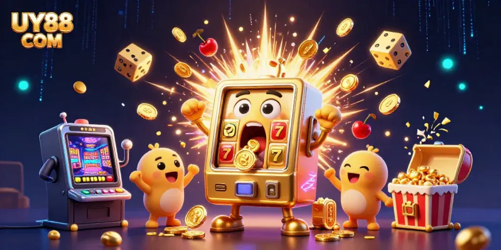 Watch the UY88 COM slot machine unleash a jackpot explosion with golden coins bursting forth in celebration.