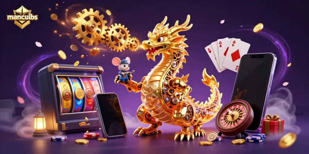Experience thrilling gaming adventures at manclubs with a golden dragon and slot game excitement.