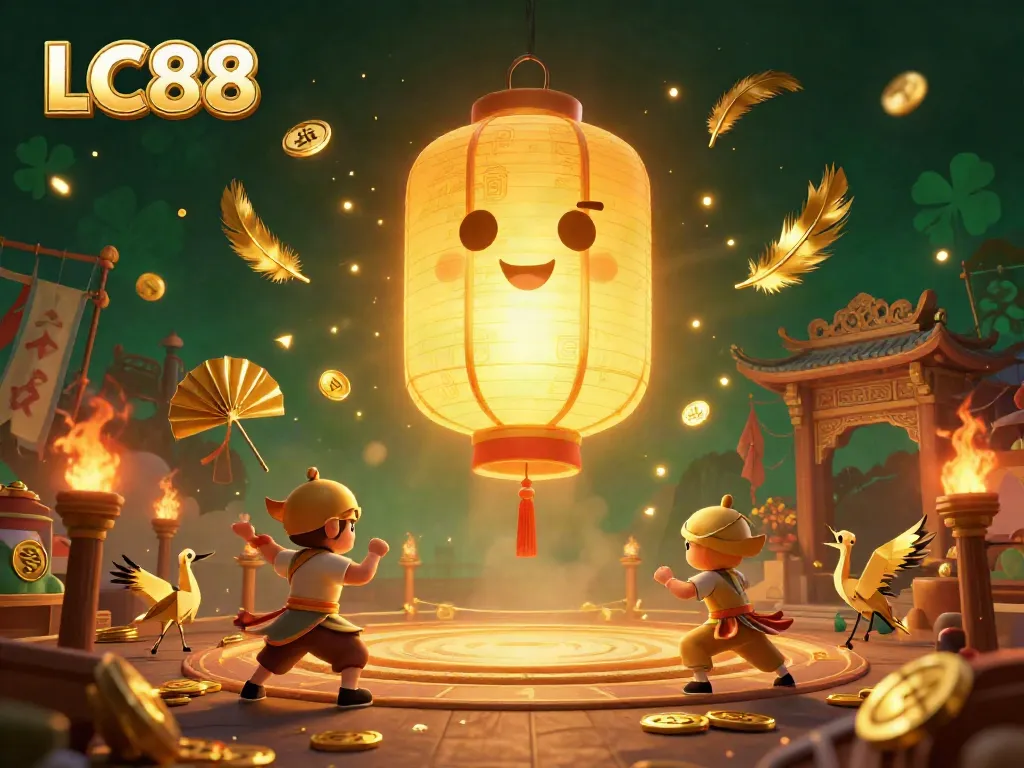 Experience thrilling online gaming at LC88 with a vibrant 3D scene featuring golden symbols, gaming elements, and dynamic characters.