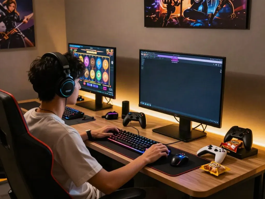 Player enjoying slot gacor hari ini in a vibrant gaming lounge with stylish gear and ambient lighting.