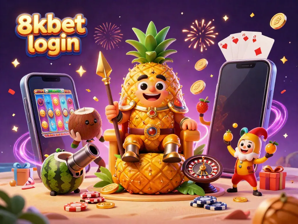 Experience the thrill of 8xbet login with our vibrant 3D casino scene, featuring a golden pineapple king and dynamic gaming elements.