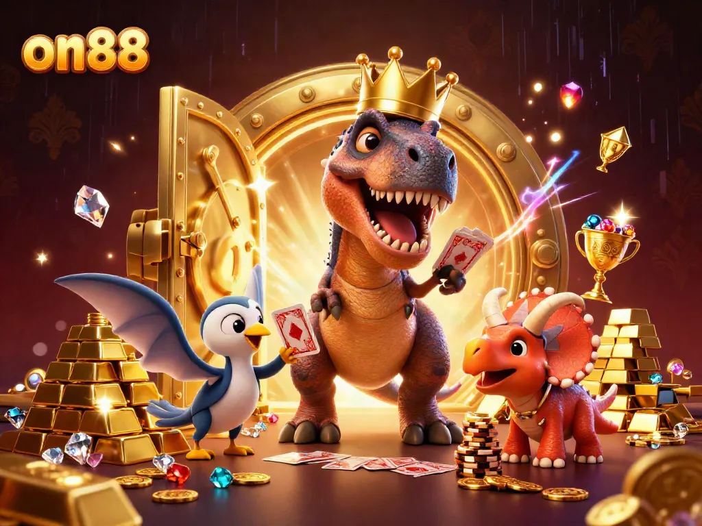 Experience thrilling moments at ON88 with a colorful T-Rex and friends in a vibrant casino adventure.