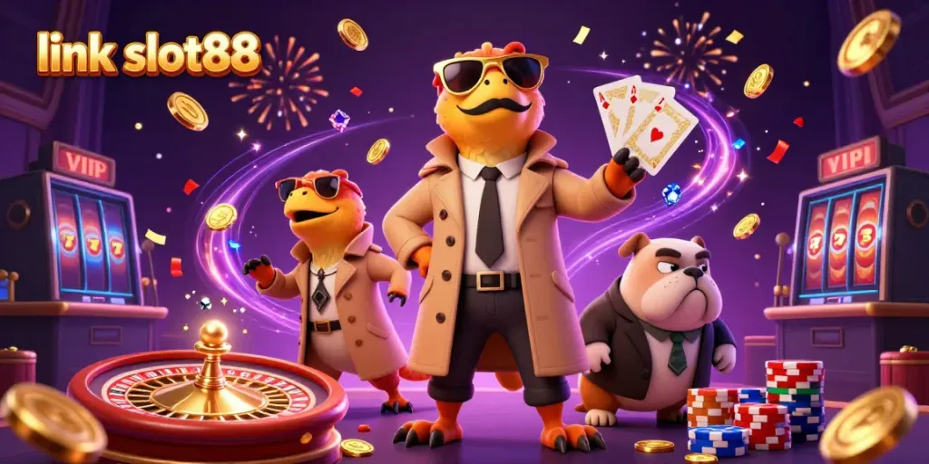Memenangkan jackpot di slot88, terlihat dinosaurus berkostum lucu di kasino