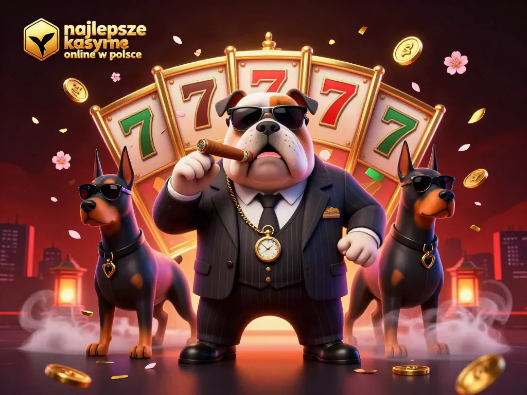 Experience the vibrant scene of najlepsze kasyno online w polsce with a dynamic cartoon mafia boss and slot elements.