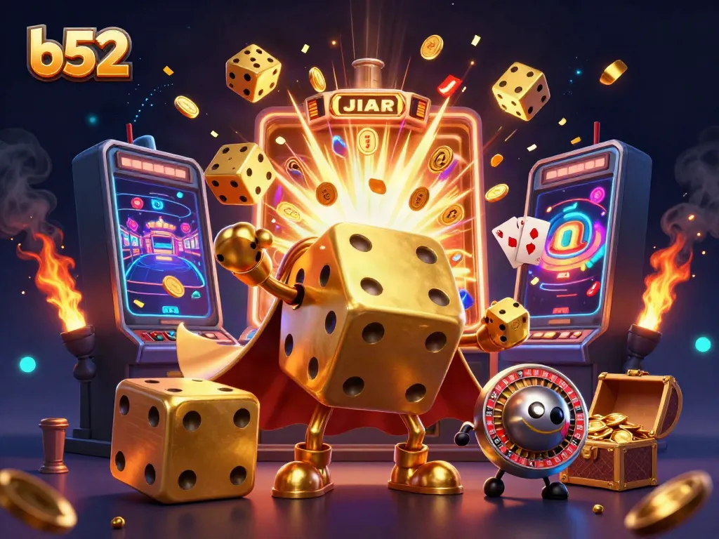 Engaging gameplay at b52 casino with golden dice and a slot machine jackpot.