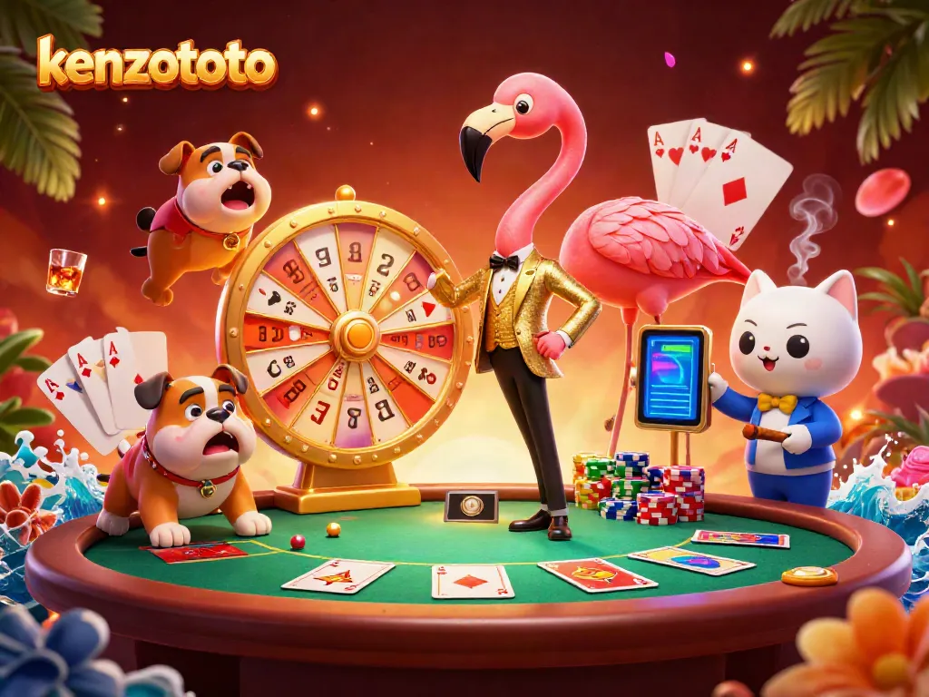 Engage with kenzototo while spinning the prize wheel in a dynamic casino scene featuring lively characters.