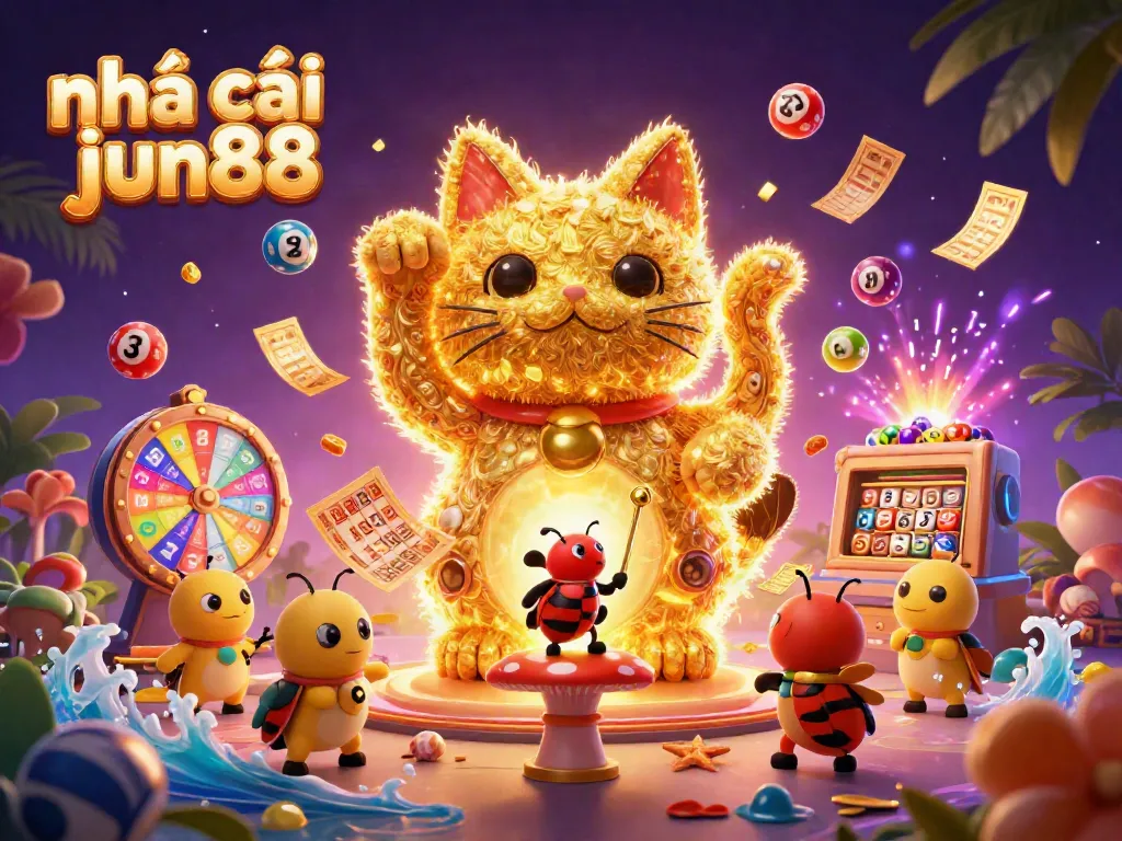 Experience the vibrant energy of nhà cái jun88 with a dynamic scene showcasing a lucky cat and casino symbols.