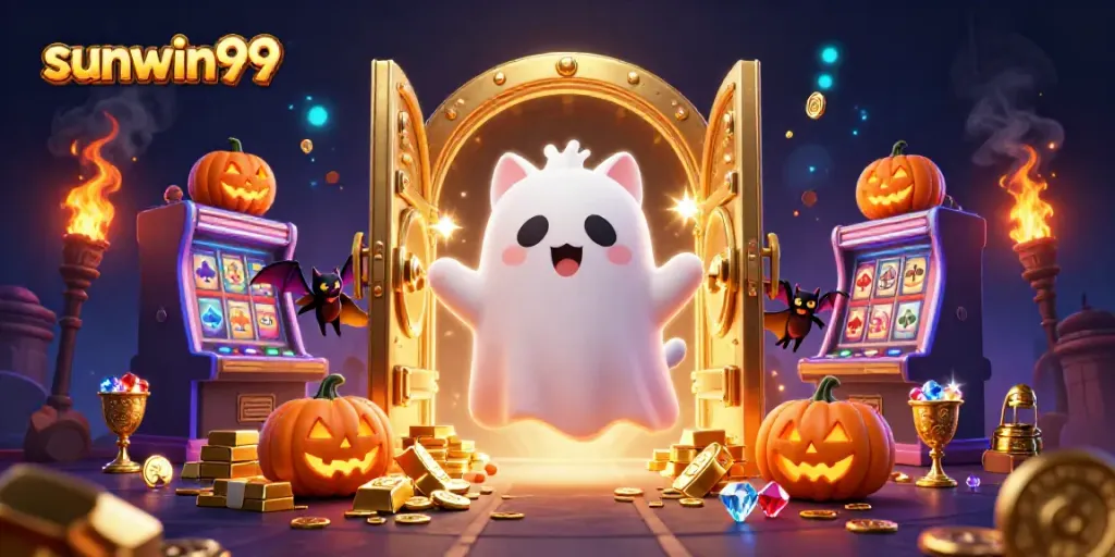 Engage with the sunwin99 ghost cat in a magical haunted casino scene filled with treasures.