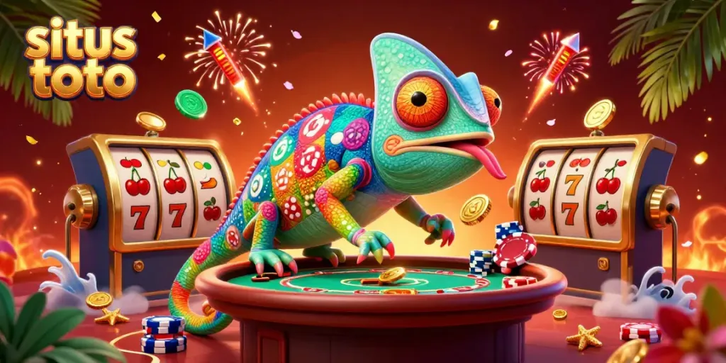 Permainan situs toto berwarna cerah dengan chameleon kasino menangkap koin emas, dikelilingi oleh simbol slot dan elemen meriah.