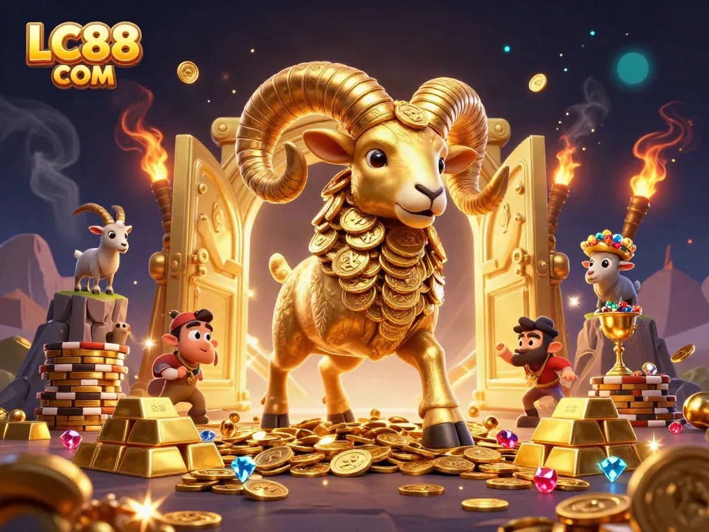 Engage in exhilarating gameplay at LC88 COM, featuring a golden ram charging through a treasure vault.